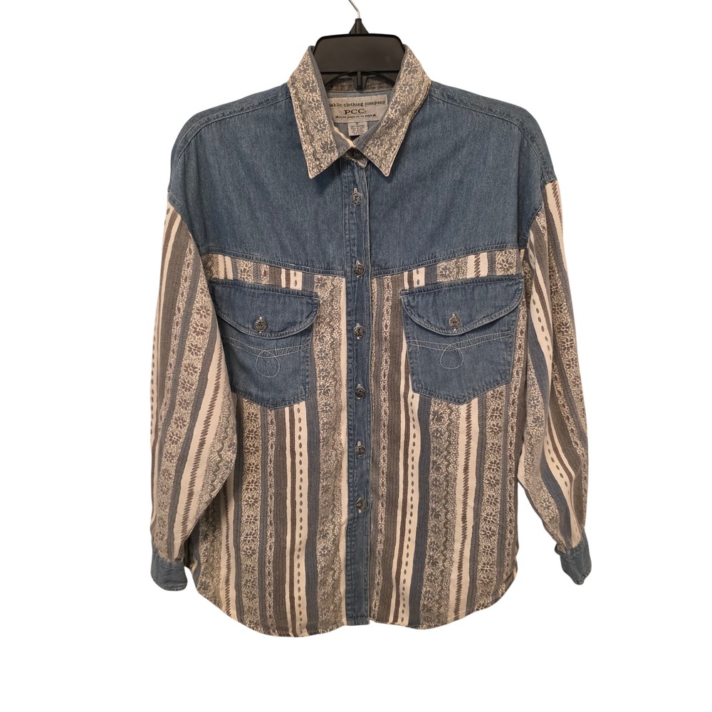 Public Clothing Company Mens S Denim Mens S Mix Pattern Strip Button Down Shirt